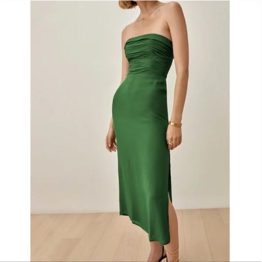 EUC $365 Reformation Lore Ruched Strapless Kelly Green Midi Dress - Picture 5 of 10
